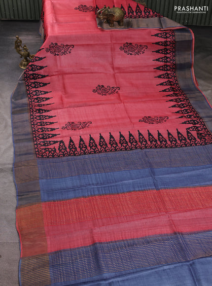 Pure tussar silk saree peach pink and grey with paisley butta prints and temple design zari woven border