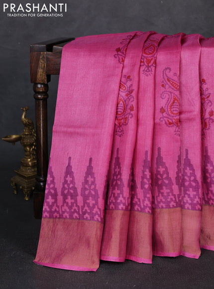 Pure tussar silk saree pink with paisley butta prints and temple design zari woven border