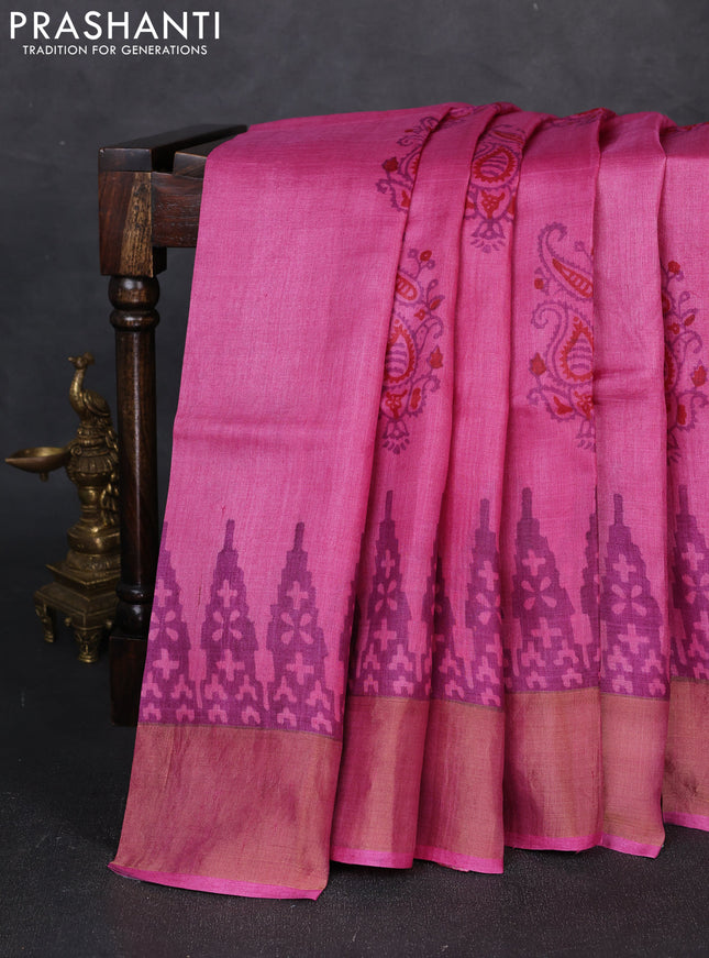 Pure tussar silk saree pink with paisley butta prints and temple design zari woven border