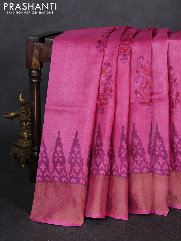 Pure tussar silk saree pink with paisley butta prints and temple design zari woven border