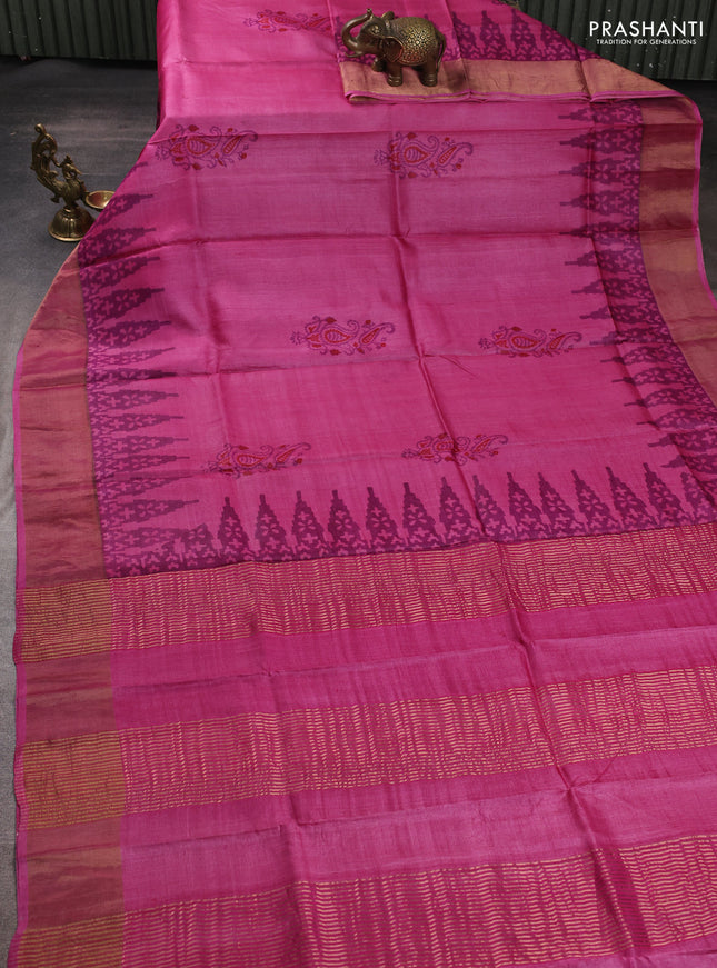 Pure tussar silk saree pink with paisley butta prints and temple design zari woven border