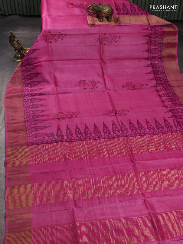 Pure tussar silk saree pink with paisley butta prints and temple design zari woven border