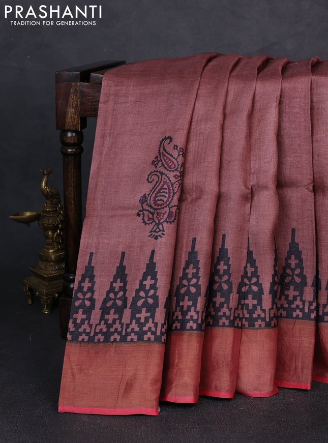 Pure tussar silk saree rosy brown and red shade with paisley butta prints and temple design zari woven border