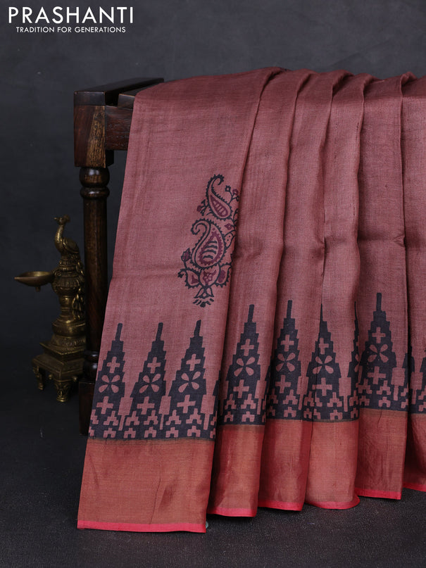 Pure tussar silk saree rosy brown and red shade with paisley butta prints and temple design zari woven border