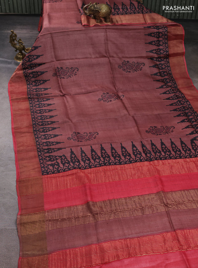 Pure tussar silk saree rosy brown and red shade with paisley butta prints and temple design zari woven border