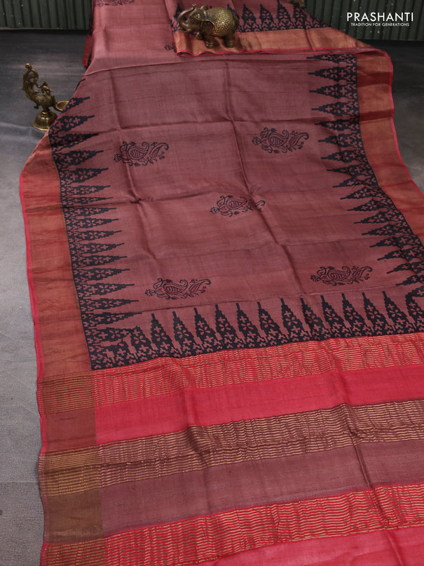 Pure tussar silk saree rosy brown and red shade with paisley butta prints and temple design zari woven border