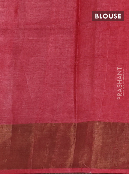 Pure tussar silk saree rosy brown and red shade with paisley butta prints and temple design zari woven border