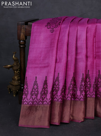 Pure tussar silk saree magenta pink and wine with paisley butta prints and temple design zari woven border