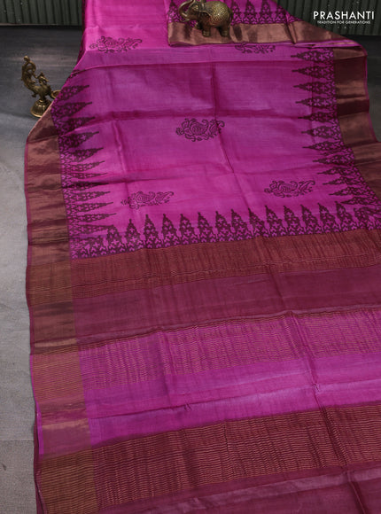 Pure tussar silk saree magenta pink and wine with paisley butta prints and temple design zari woven border
