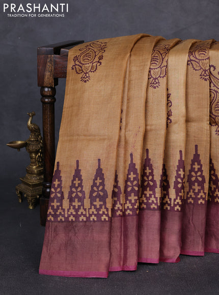 Pure tussar silk saree dark sandal and wine with paisley butta prints and temple design zari woven border