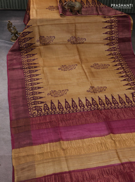 Pure tussar silk saree dark sandal and wine with paisley butta prints and temple design zari woven border