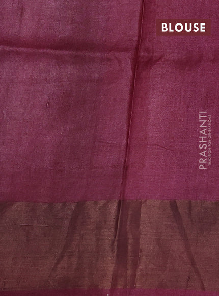 Pure tussar silk saree dark sandal and wine with paisley butta prints and temple design zari woven border