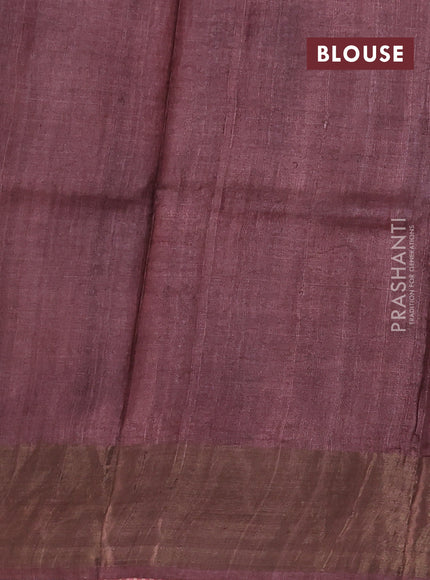 Pure tussar silk saree peach pink and rosy brown with paisley butta prints and temple design zari woven border