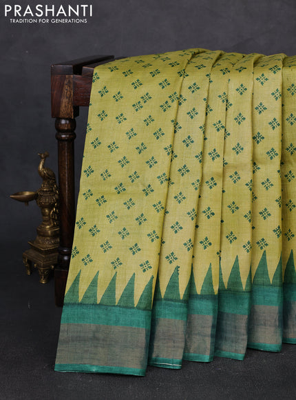 Pure tussar silk saree mustard green and green with allover butta prints and zari woven border