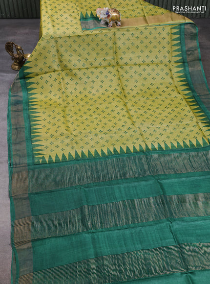 Pure tussar silk saree mustard green and green with allover butta prints and zari woven border