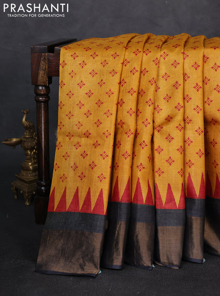 Pure tussar silk saree mustard yellow and black with allover butta prints and zari woven border