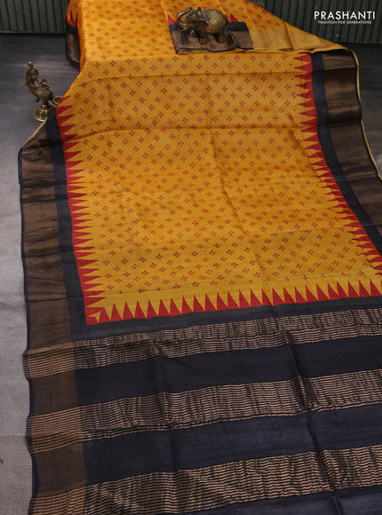 Pure tussar silk saree mustard yellow and black with allover butta prints and zari woven border