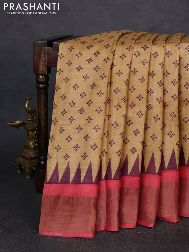 Pure tussar silk saree sandal and red with allover butta prints and zari woven border