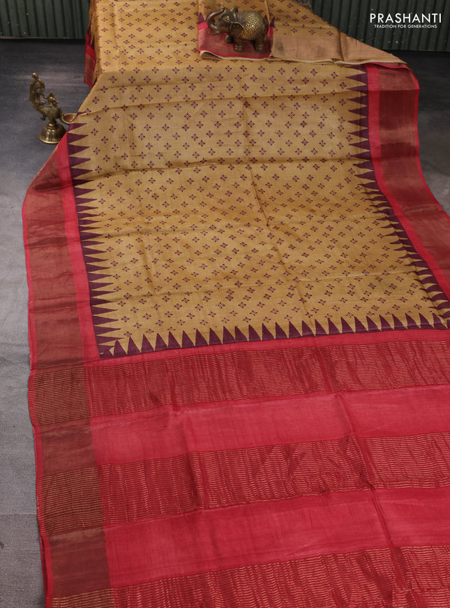 Pure tussar silk saree sandal and red with allover butta prints and zari woven border