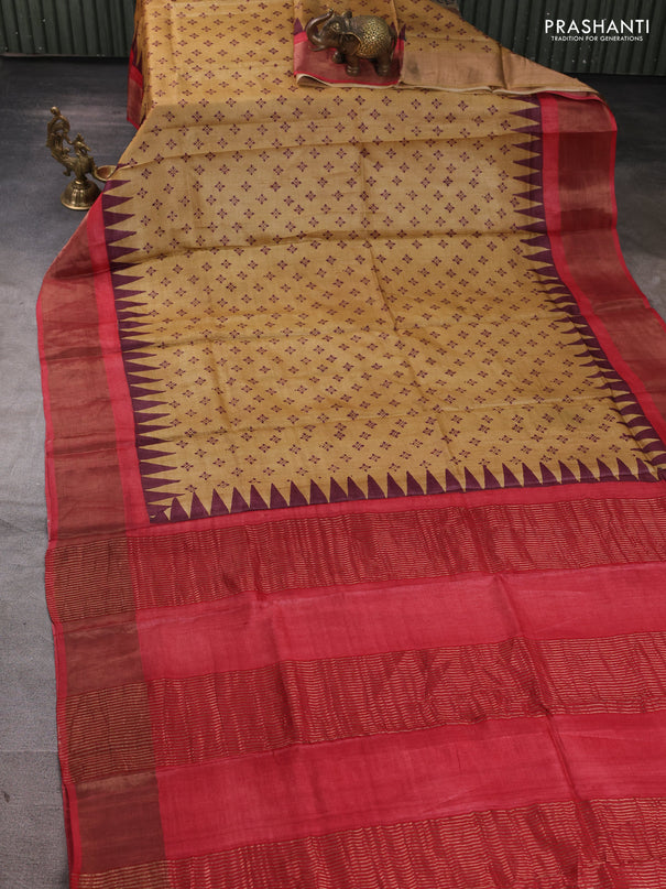 Pure tussar silk saree sandal and red with allover butta prints and zari woven border