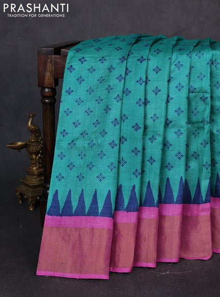 Pure tussar silk saree teal green and pink with allover butta prints and zari woven border