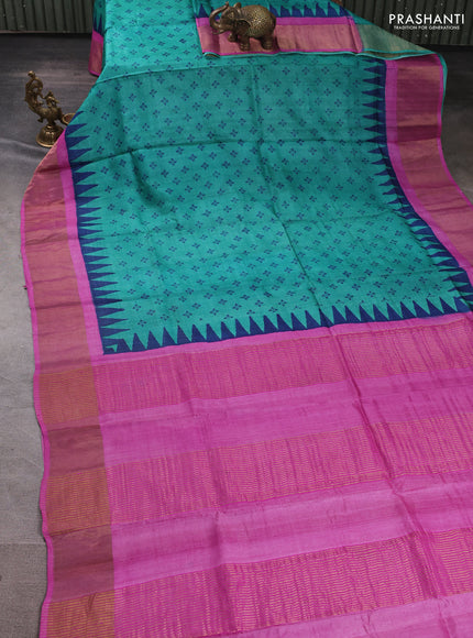 Pure tussar silk saree teal green and pink with allover butta prints and zari woven border