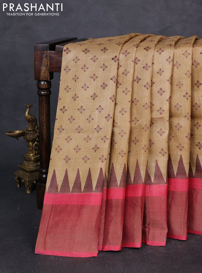 Pure tussar silk saree sandal and red with allover butta prints and zari woven border