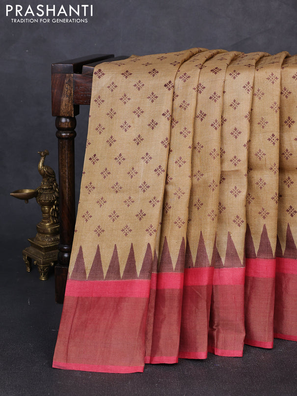 Pure tussar silk saree sandal and red with allover butta prints and zari woven border