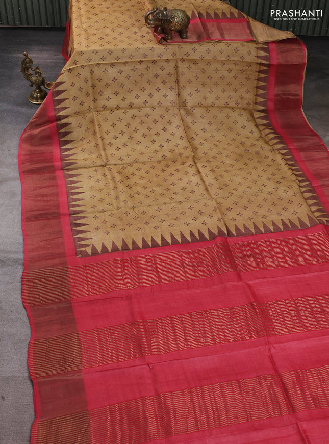 Pure tussar silk saree sandal and red with allover butta prints and zari woven border