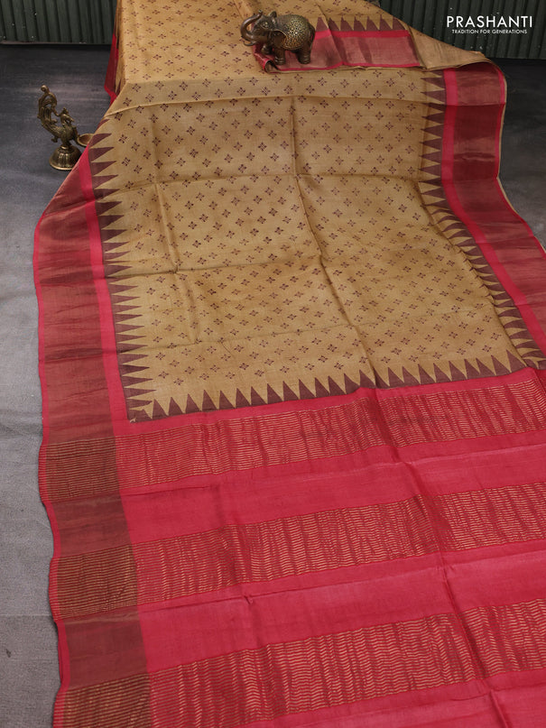 Pure tussar silk saree sandal and red with allover butta prints and zari woven border