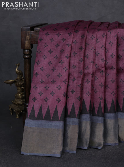 Pure tussar silk saree wine and grey with allover butta prints and zari woven border