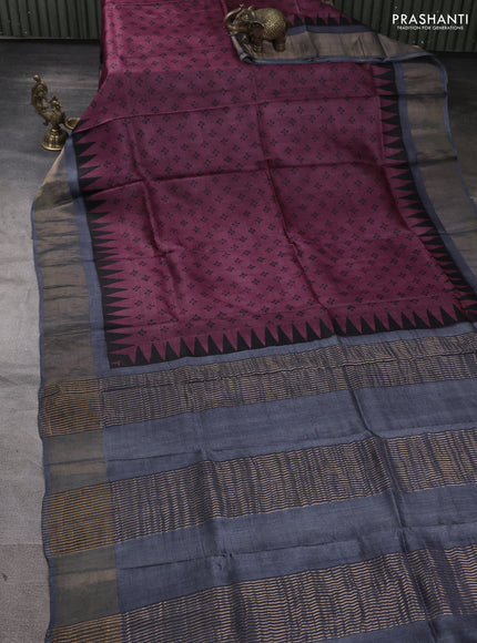 Pure tussar silk saree wine and grey with allover butta prints and zari woven border