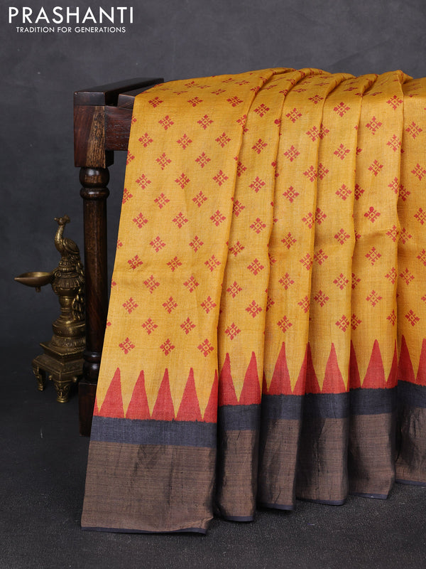 Pure tussar silk saree mustard yellow and black with allover butta prints and zari woven border