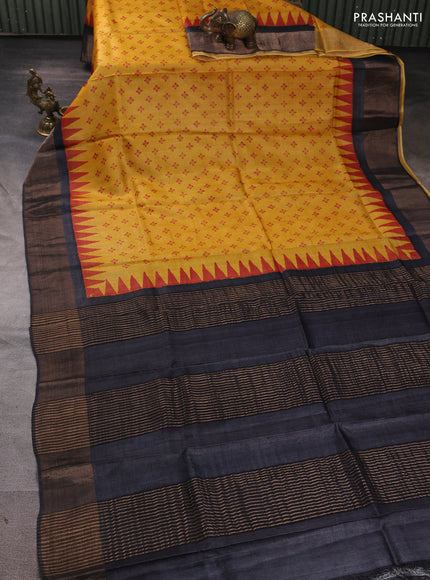 Pure tussar silk saree mustard yellow and black with allover butta prints and zari woven border