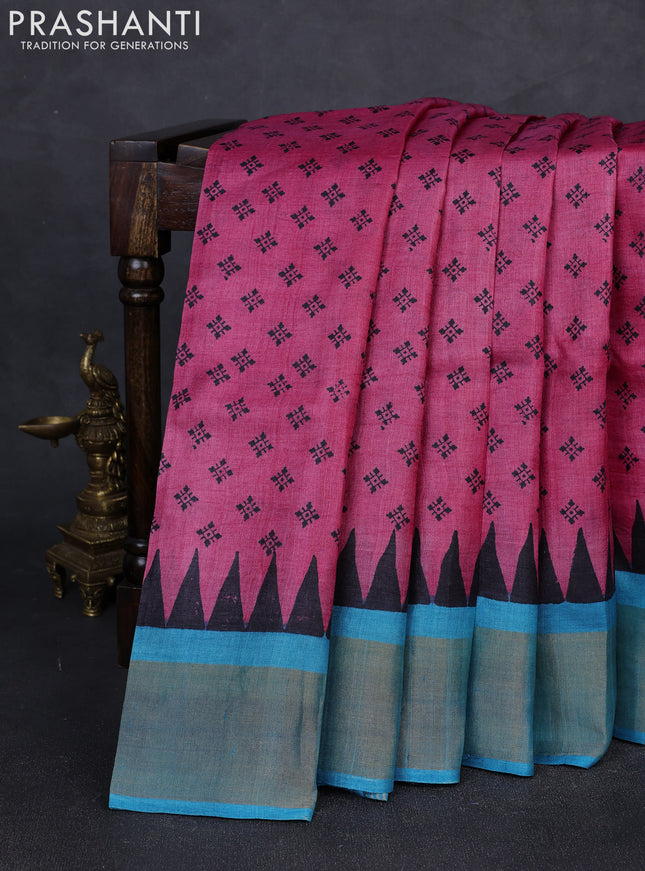 Pure tussar silk saree pink and cs blue with allover butta prints and zari woven border