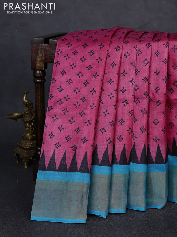Pure tussar silk saree pink and cs blue with allover butta prints and zari woven border