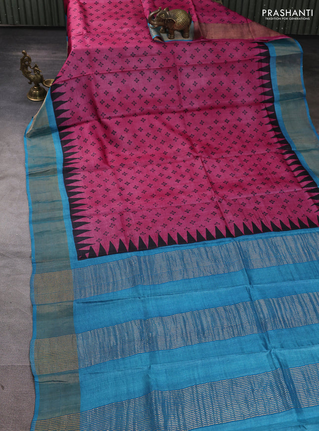 Pure tussar silk saree pink and cs blue with allover butta prints and zari woven border