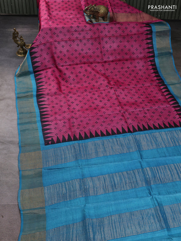 Pure tussar silk saree pink and cs blue with allover butta prints and zari woven border