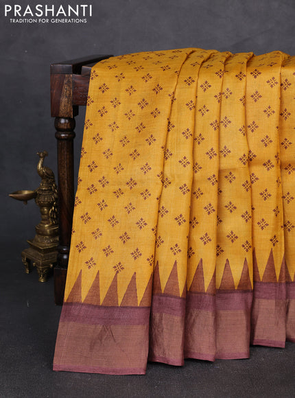 Pure tussar silk saree mustard yellow and rosy brown with allover butta prints and zari woven border
