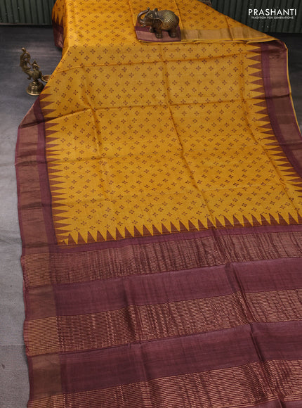 Pure tussar silk saree mustard yellow and rosy brown with allover butta prints and zari woven border