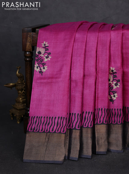 Pure tussar silk saree magenta pink and black with floral butta prints and zari woven border