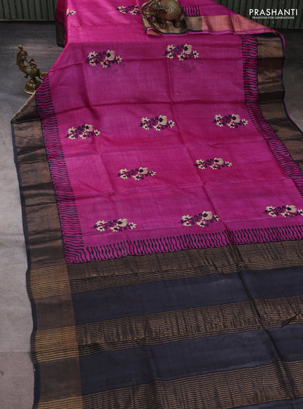 Pure tussar silk saree magenta pink and black with floral butta prints and zari woven border