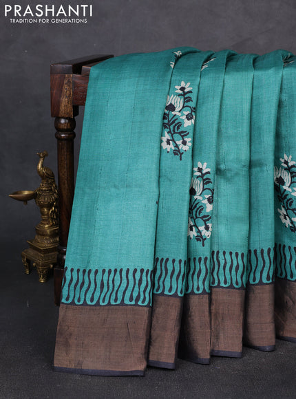 Pure tussar silk saree green and black with floral butta prints and zari woven border