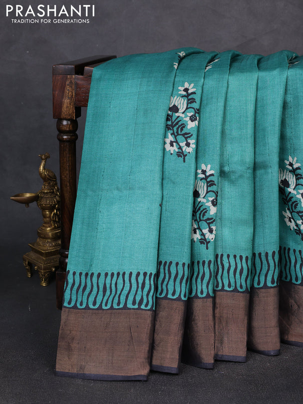 Pure tussar silk saree green and black with floral butta prints and zari woven border