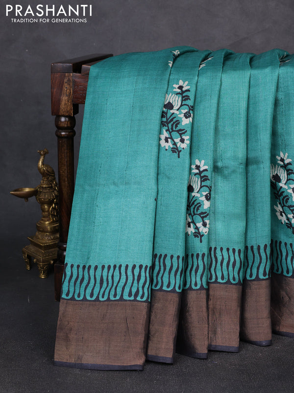 Pure tussar silk saree green and black with floral butta prints and zari woven border