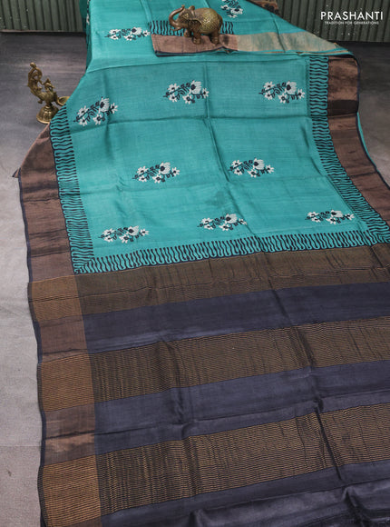 Pure tussar silk saree green and black with floral butta prints and zari woven border