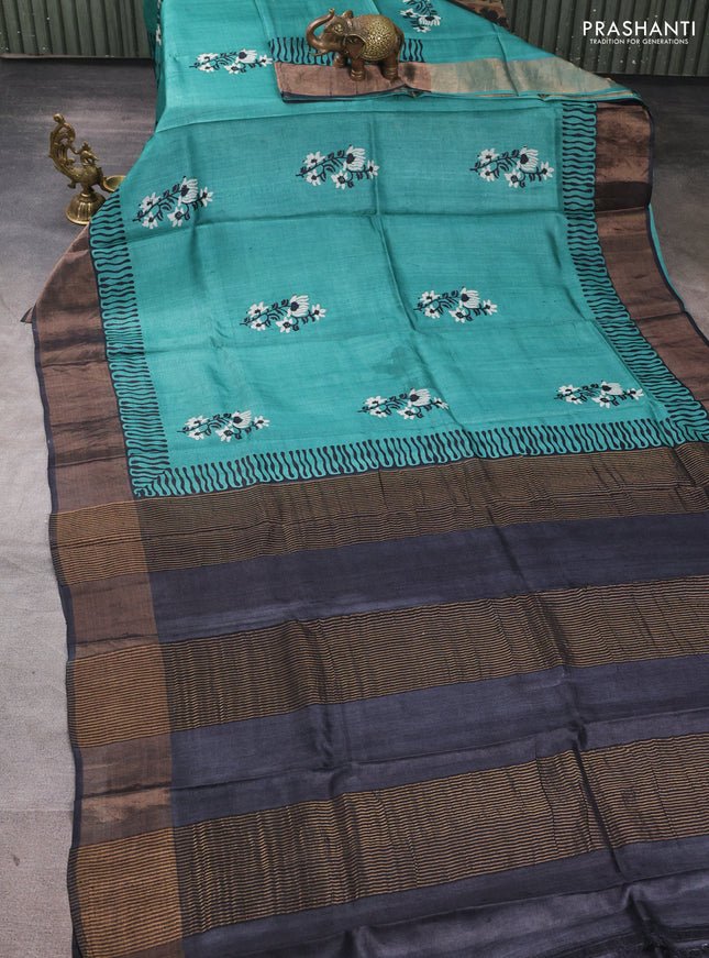 Pure tussar silk saree green and black with floral butta prints and zari woven border