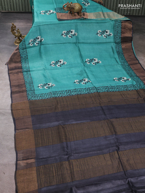 Pure tussar silk saree green and black with floral butta prints and zari woven border