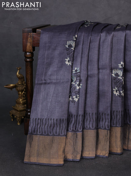 Pure tussar silk saree grey with floral butta prints and zari woven border