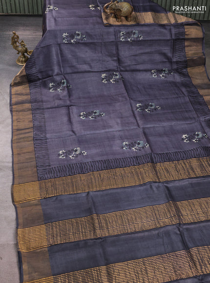 Pure tussar silk saree grey with floral butta prints and zari woven border